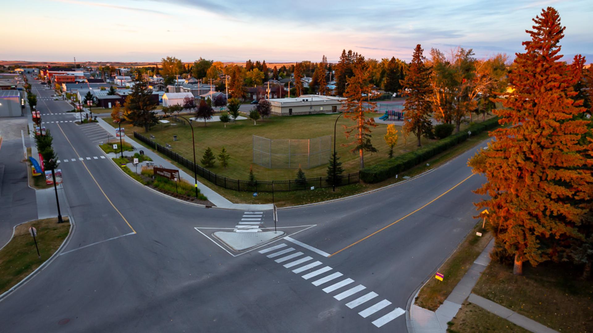 Town intersection in the early morning in fall