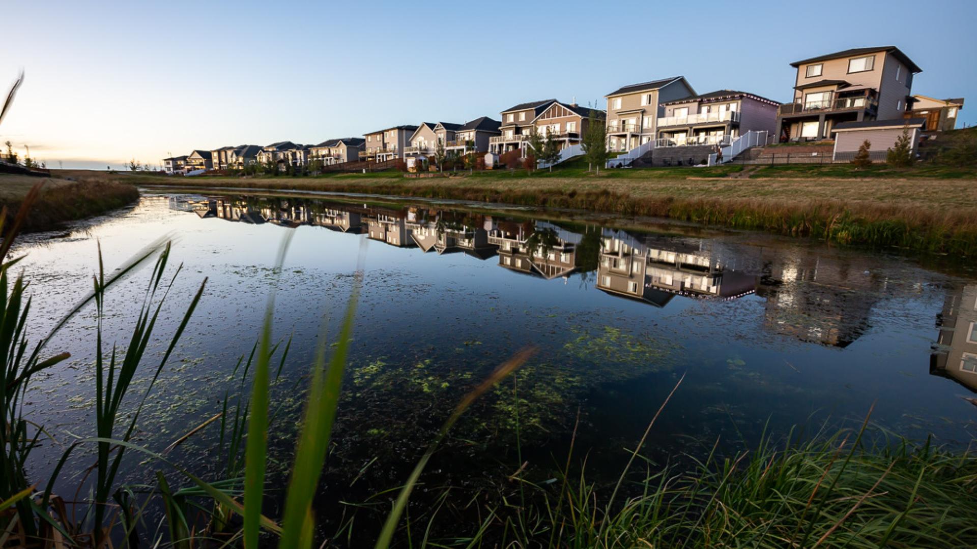 Overlooking a pond at a row of residential homes 